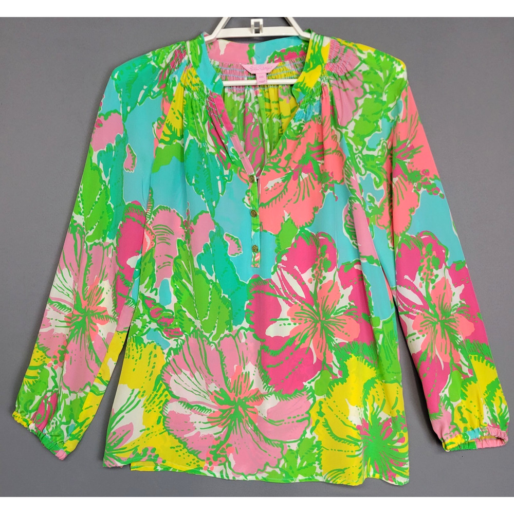 Lilly Pulitzer Elsa Silk Top‎ Womens XXS Blue Floral 1/4 Buttons Long Sleeves
